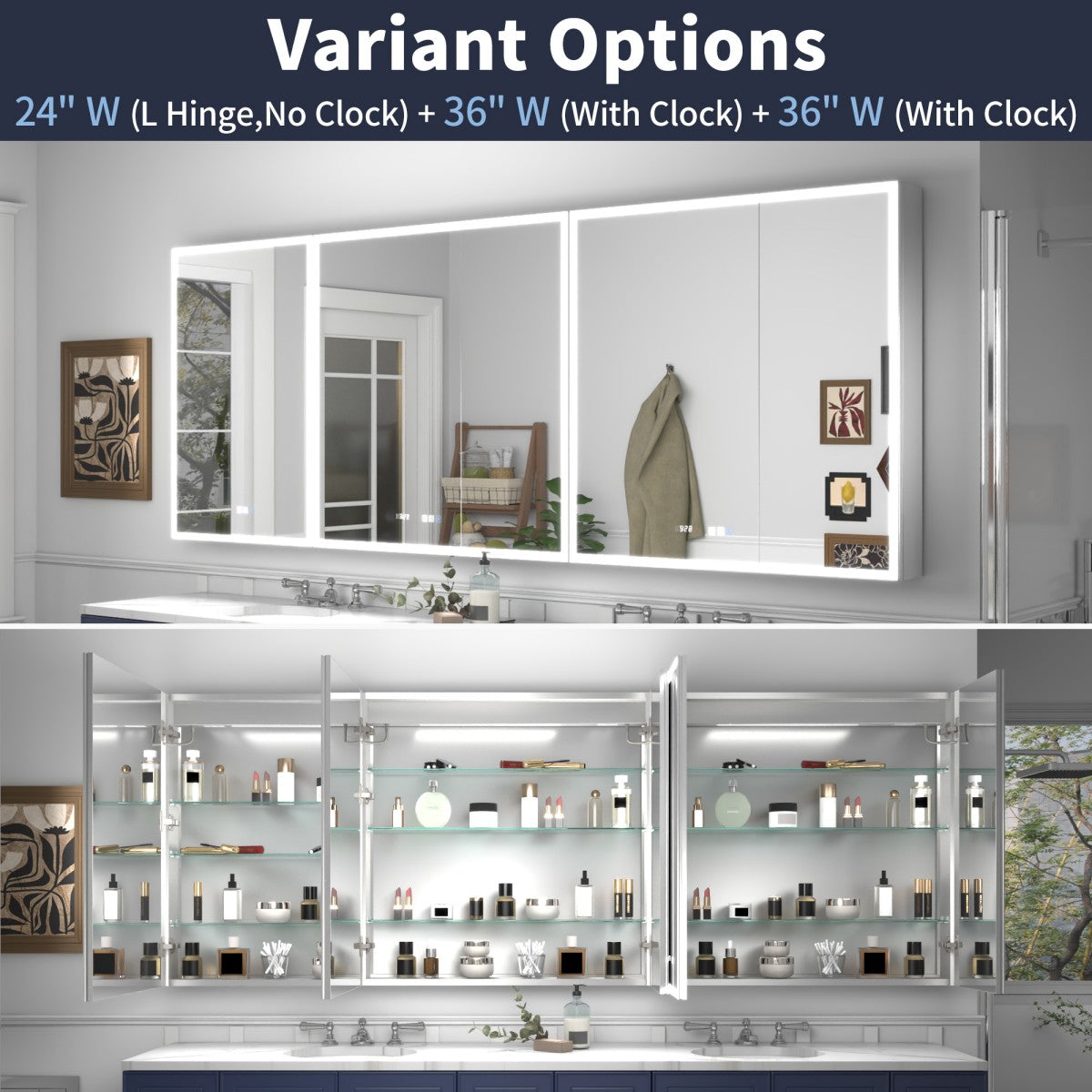 Rim 96" W x 36" H LED Lighted Medicine Cabinet Recessed or Surface with Mirrors