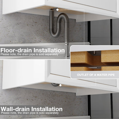 Glam 48" Modern Floating White Rubberwood Bathroom Vanity Cabinet with Lights and Stone Slab Countertop, Single Sinks