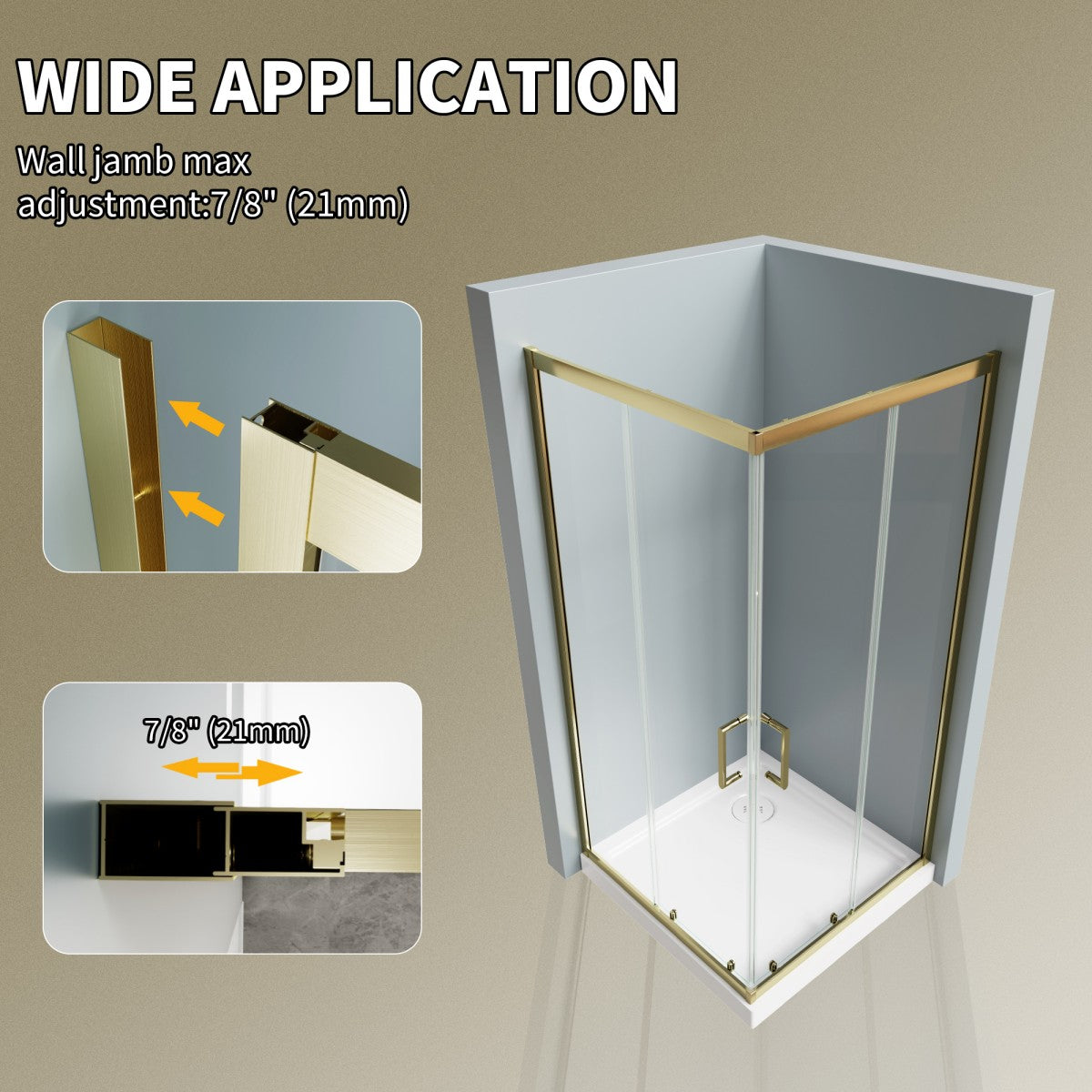 Haven 38" x 72" Corner Shower Enclosure,6mm Clear Glass,Double Sliding Shower Doors,Brushed Gold,Not Base,Adjustable