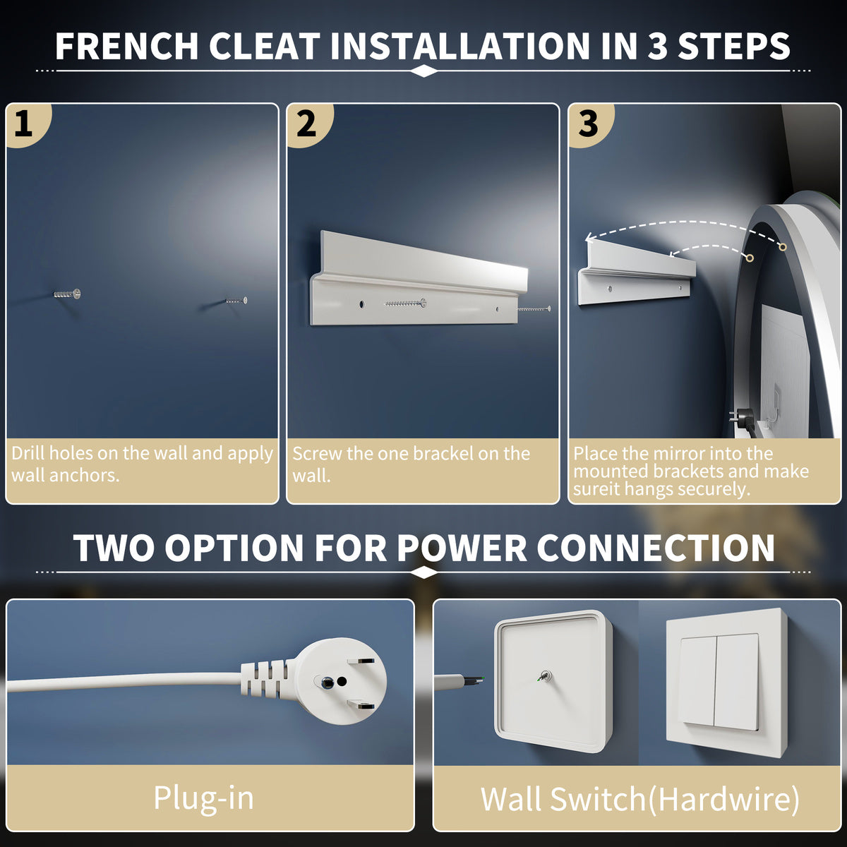 Caivell 24" Round 3-Color Anti-Fog Backlit LED Bathroom Mirror