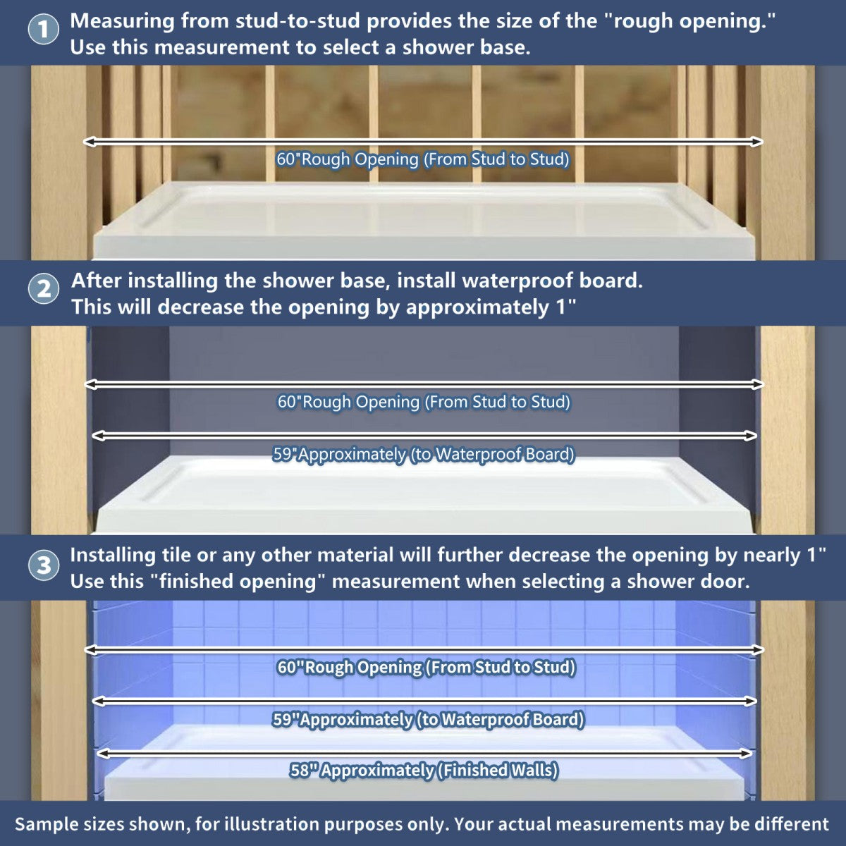 Sliding glass shower doors installation guide showing rough opening measurements and adjustments.