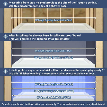 Sliding glass shower doors installation guide showing rough opening measurements and adjustments.