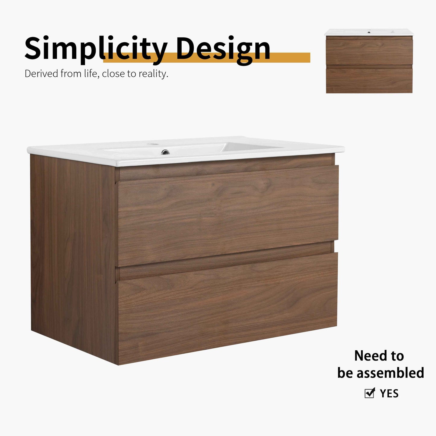 30' Wall-Mounted Bathroom Vanity With Ceramic Sink, KD-Package,2-Soft Close Drawers, KD-Package