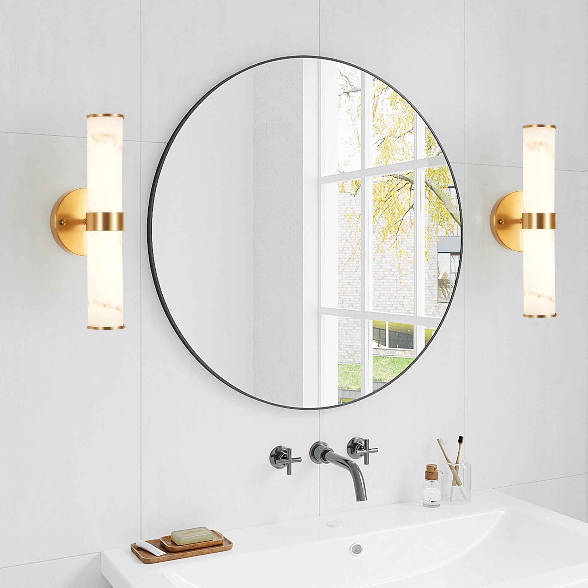 Exbrite Set of 2 Modern Marble-Effect Resin Wall Sconces with Gold Accents – Elegant LED-Compatible Vanity Lights for Bedroom, Living Room & Hallway(Only Inoor)