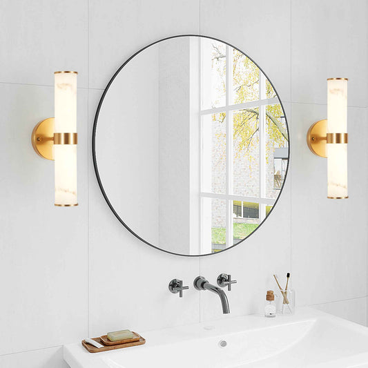 Exbrite Set of 2 Modern Marble-Effect Resin Wall Sconces with Gold Accents – Elegant LED-Compatible Vanity Lights for Bedroom, Living Room & Hallway(Only Inoor)