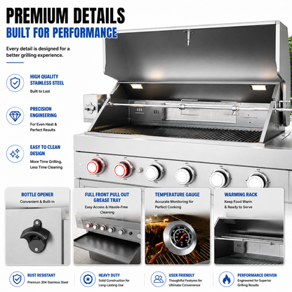 Outdoor Kitchen Island 102.4 Inch 4 Burner Propane Gas BBQ Grill 59500 BTU 304 Stainless Steel Silver Color With CSA, ETL Certification + Sink + Refrigerator