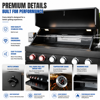 Outdoor Kitchen Island 114 Inch 6 Burner Propane Gas BBQ Grill 83500 BTU 304 Stainless Steel Black Color With CSA, ETL Certification + Sink + Refrigerator