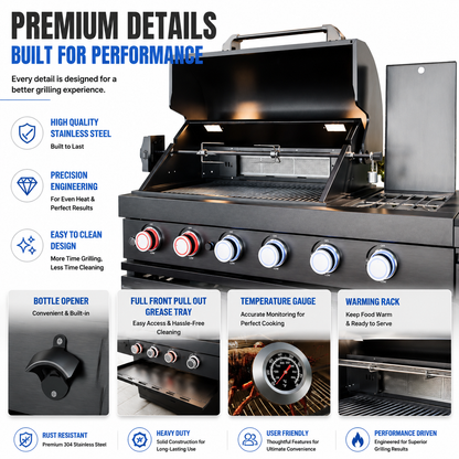 Outdoor Kitchen Island 85.2 Inch 4+1 Burner Propane Gas BBQ Grill 71500 BTU 304 Stainless Steel Black Color With CSA, ETL Certification + Sink + Refrigerator