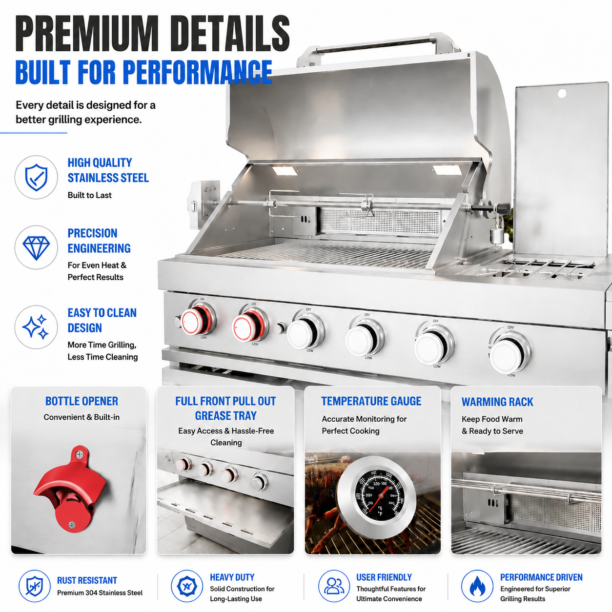 Outdoor Kitchen Island 85.2 Inch 4+1 Burner Propane Gas BBQ Grill 71500 BTU 304 Stainless Steel Silver Color With CSA, ETL Certification + Sink + Refrigerator + Bar Table