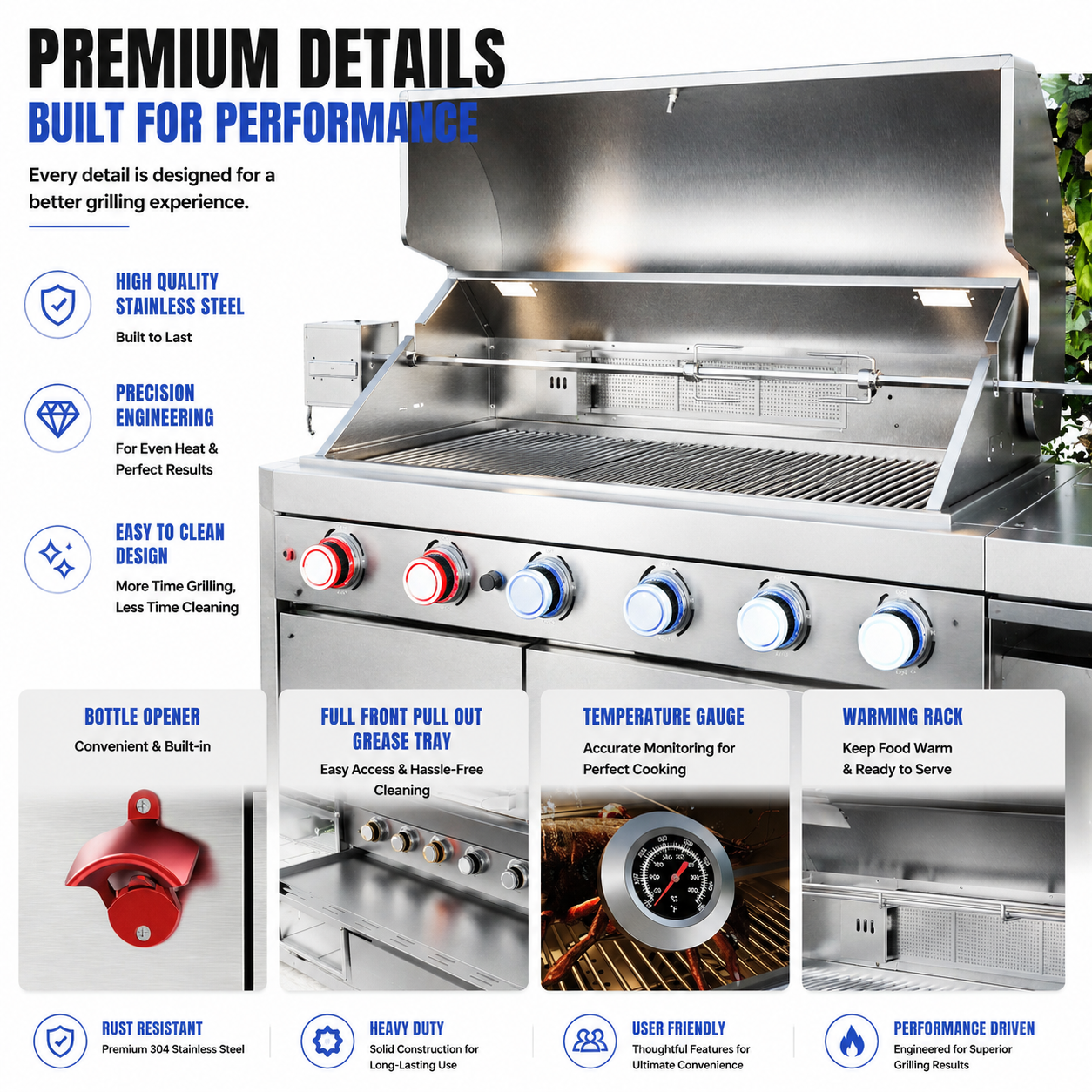Outdoor Kitchen Island 82.5 Inch 6 Burner Propane Gas BBQ Grill 83500 BTU 304 Stainless Steel Silver Color With CSA, ETL Certification + Sink + Refrigerator