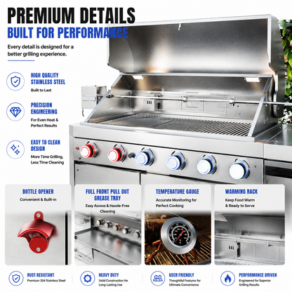 Outdoor Kitchen Island 82.5 Inch 6 Burner Propane Gas BBQ Grill 83500 BTU 304 Stainless Steel Silver Color With CSA, ETL Certification + Sink + Refrigerator