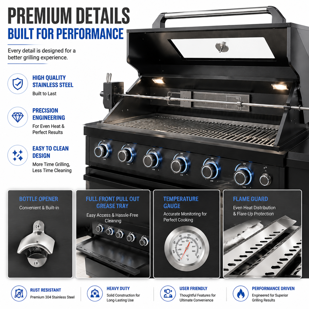 43-Inch 6-Burner 85000 BTU Deluxe Stainless Steel Gas Outdoor Kitchen Bar Barbecue Island Grill + Wine Cooler Compact Refrigerator + Rotisserie kit + Granite Countertops + Stainless steel Sink