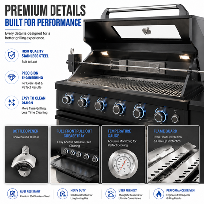 43-Inch 6-Burner 85000 BTU Deluxe Stainless Steel Gas Outdoor Kitchen Bar Barbecue Island Grill + Wine Cooler Compact Refrigerator + Rotisserie kit + Granite Countertops + Stainless steel Sink