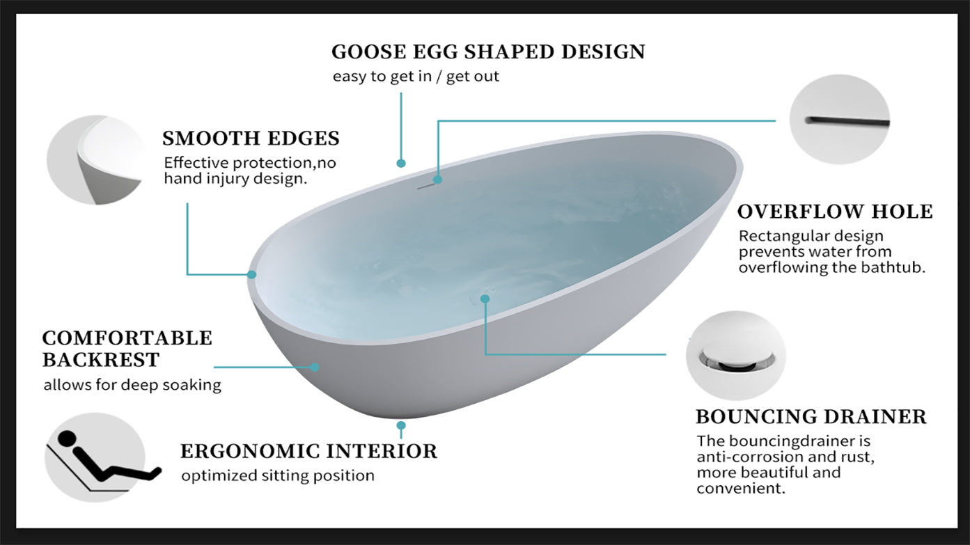 AK Exbrite 59'' Solid Surface Matte White Soaking Tub with Overflow and Pop-up Drain
