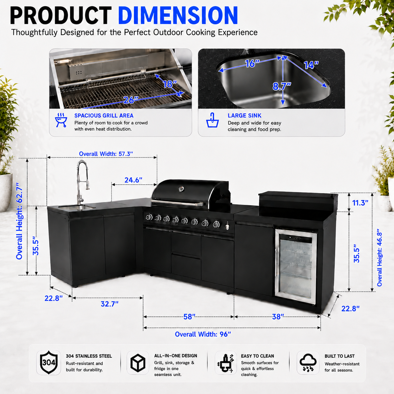 Outdoor Kitchen Island 95.8 Inch 6+1 Burner Propane Gas BBQ Grill 95500 BTU 304 Stainless Steel Black Color With CSA, ETL Certification + Sink + Refrigerator + Bar Table