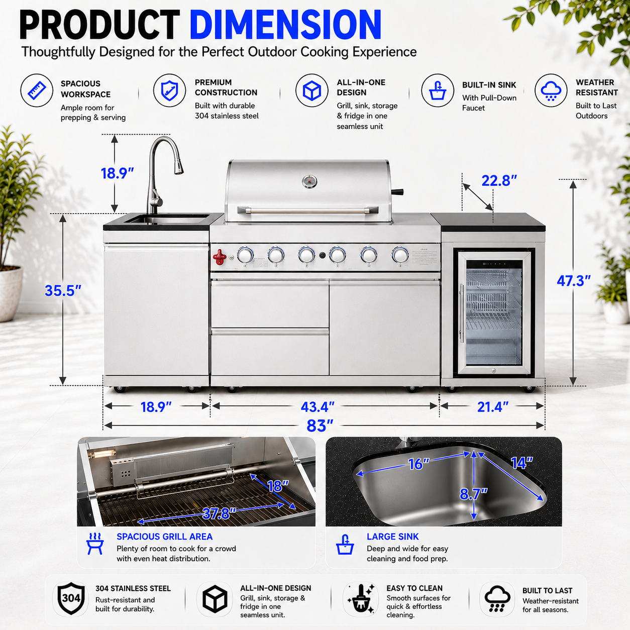 Outdoor Kitchen Island 82.5 Inch 6 Burner Propane Gas BBQ Grill 83500 BTU 304 Stainless Steel Silver Color With CSA, ETL Certification + Sink + Refrigerator