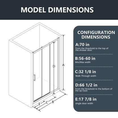 Nexus 56-60W x 70.H Easy Clean Double Framed Sliding Shower Door with 1/4" (6mm) Clear SGCC Tempered Glass,Matte Black Finish