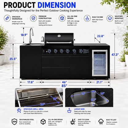Outdoor Kitchen Island 85.2 Inch 4+1 Burner Propane Gas BBQ Grill 71500 BTU 304 Stainless Steel Black Color With CSA, ETL Certification + Sink + Refrigerator