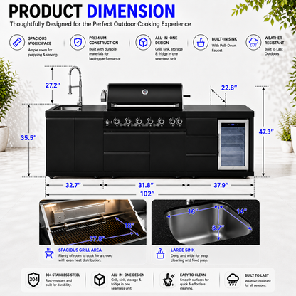 Outdoor Kitchen Island 102.4 Inch 4 Burner Propane Gas BBQ Grill 59500 BTU 304 Stainless Steel Black Color With CSA, ETL Certification + Sink + Refrigerator