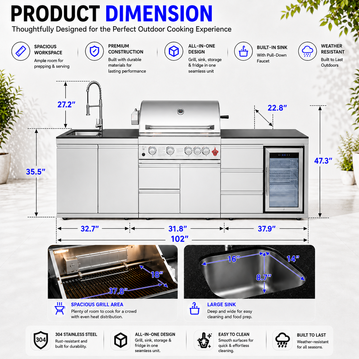 Outdoor Kitchen Island 102.4 Inch 4 Burner Propane Gas BBQ Grill 59500 BTU 304 Stainless Steel Silver Color With CSA, ETL Certification + Sink + Refrigerator