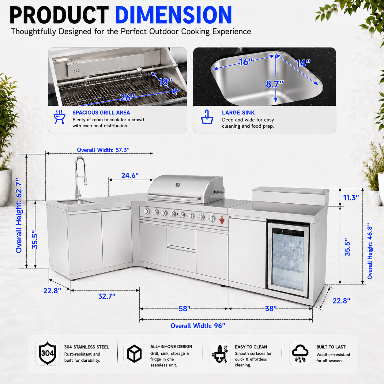 Outdoor Kitchen Island 95.8 Inch 6+1 Burner Propane Gas BBQ Grill 95500 BTU 304 Stainless Steel Silver Color With CSA, ETL Certification + Sink + Refrigerator + Bar Table