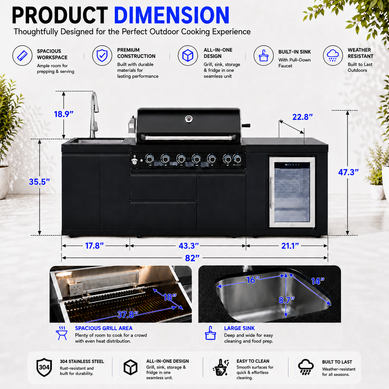 Outdoor Kitchen Island 82.5 Inch 6 Burner Propane Gas BBQ Grill 83500 BTU 304 Stainless Steel Black Color With CSA, ETL Certification + Sink + Refrigerator