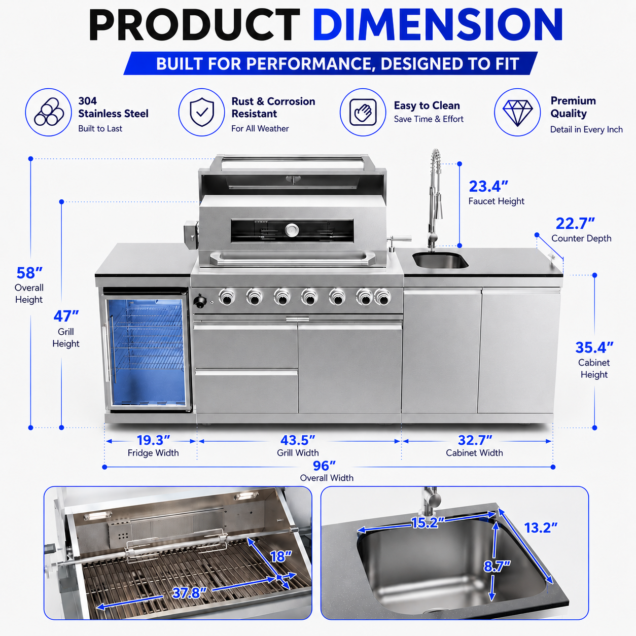 43-Inch 6-Burner 85000 BTU Deluxe Stainless Steel Gas Outdoor Kitchen Bar Barbecue Island Grill  + Wine Cooler Compact Refrigerator + Rotisserie + Granite Countertops + Storage Cabinets & Drawers