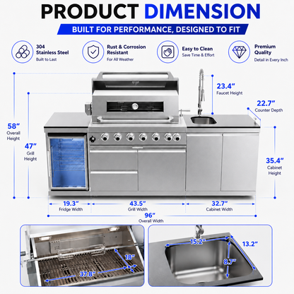 43-Inch 6-Burner 85000 BTU Deluxe Stainless Steel Gas Outdoor Kitchen Bar Barbecue Island Grill  + Wine Cooler Compact Refrigerator + Rotisserie + Granite Countertops + Storage Cabinets & Drawers