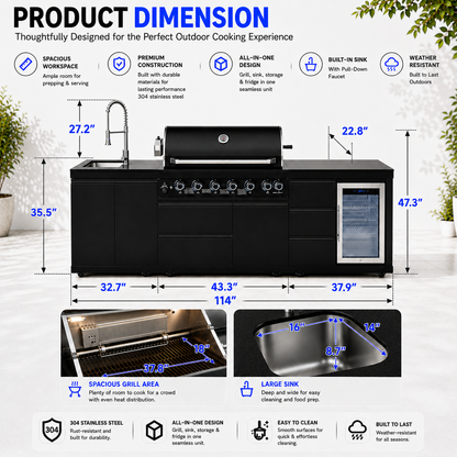 Outdoor Kitchen Island 114 Inch 6 Burner Propane Gas BBQ Grill 83500 BTU 304 Stainless Steel Black Color With CSA, ETL Certification + Sink + Refrigerator