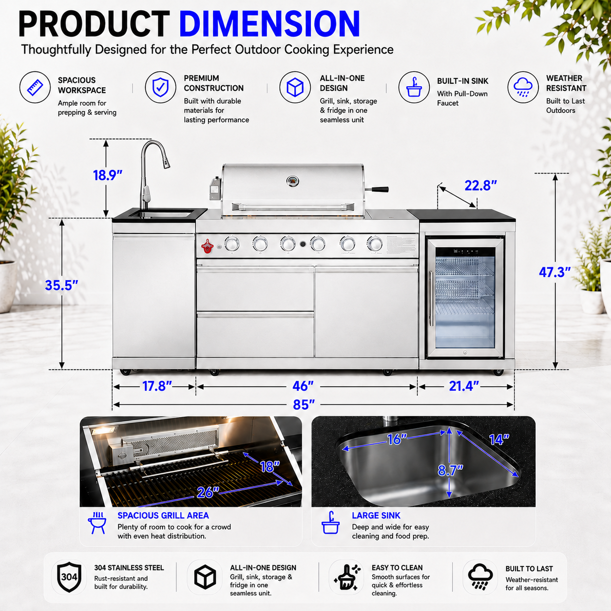 Outdoor Kitchen Island 85.2 Inch 4+1 Burner Propane Gas BBQ Grill 71500 BTU 304 Stainless Steel Silver Color With CSA, ETL Certification + Sink + Refrigerator + Bar Table