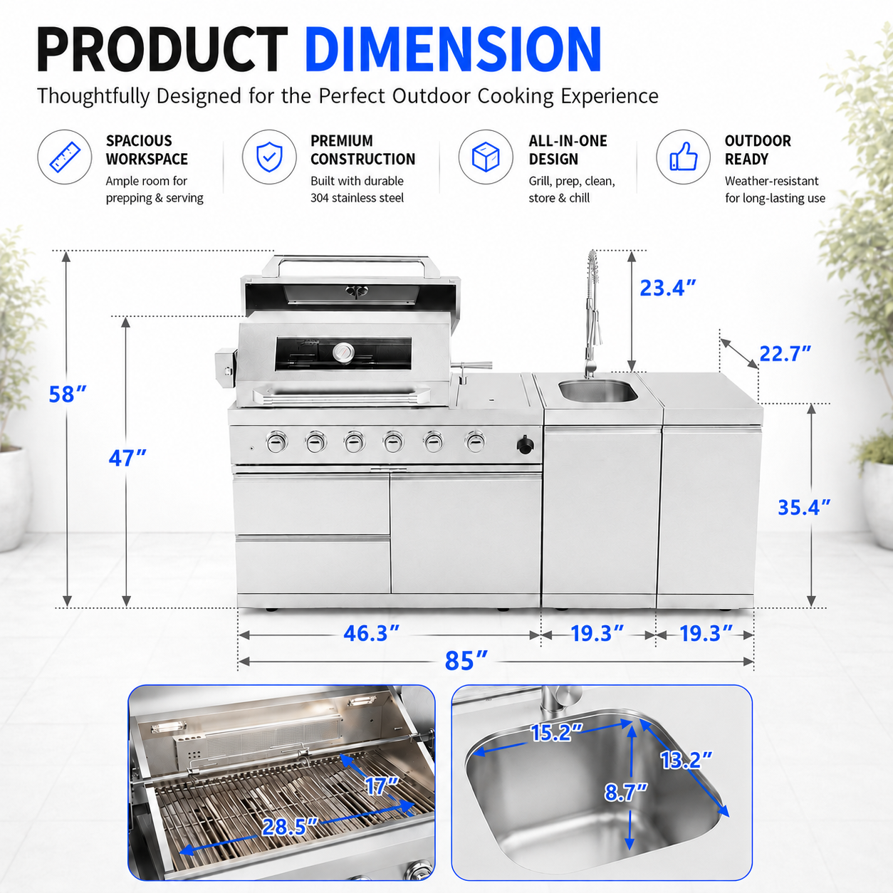 46-Inch 4-Burner 72000 BTU Deluxe Stainless Steel Gas Outdoor Kitchen Bar Barbecue Island Grill +Side B Rotisserie + Granite Countertops + Storage Cabinets & Drawers + Stainless Steel Sink/Faucet
