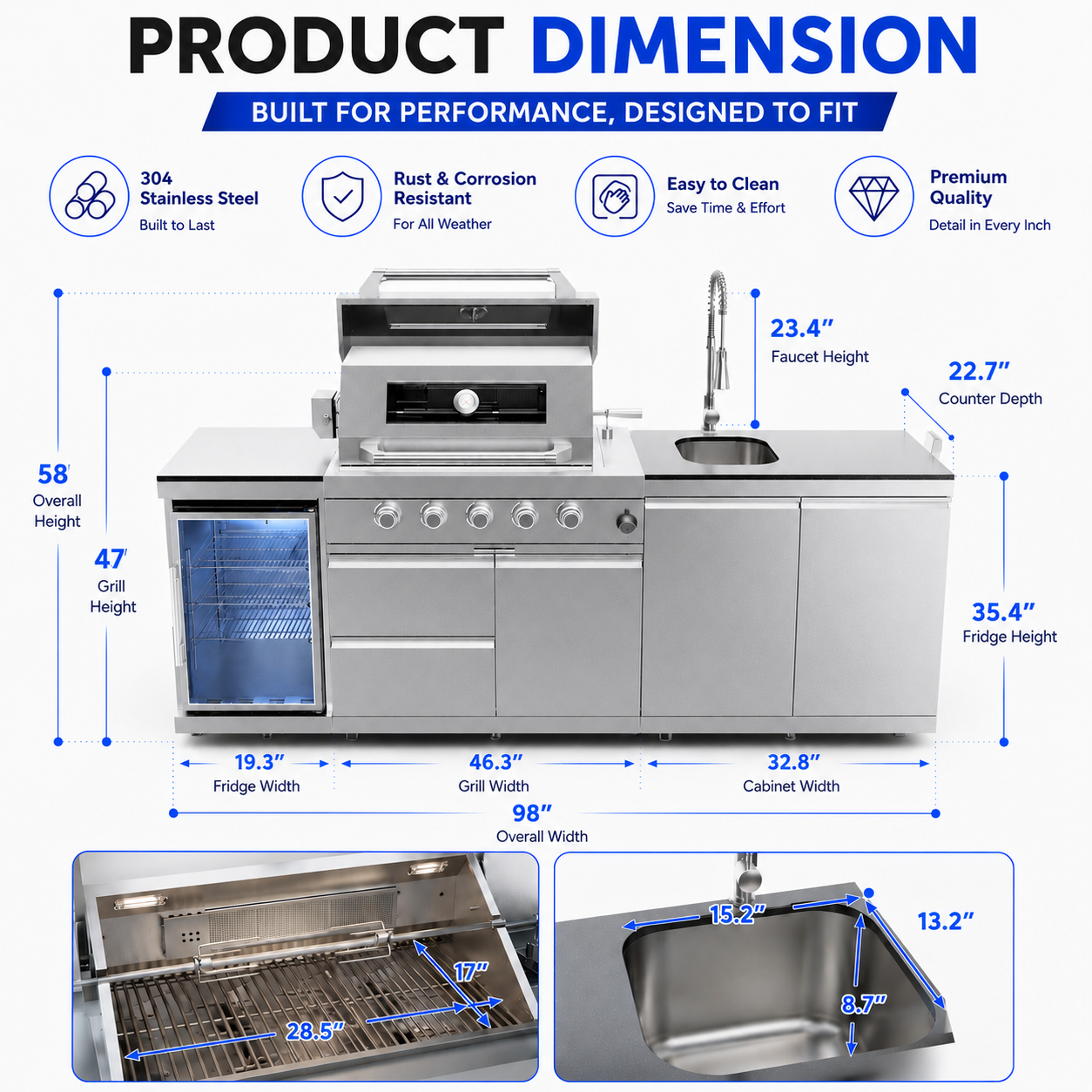 46-Inch 4-Burner 72000 BTU Deluxe Stainless Steel Gas Outdoor Kitchen Bar Barbecue Island Grill  + Wine Cooler Compact Refrigerator + Rotisserie + Granite Countertops + Storage Cabinets & Drawers
