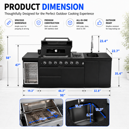 46-Inch 4-Burner 72000 BTU Deluxe Stainless Steel Gas Outdoor Kitchen Bar Barbecue Island Grill + Wine Cooler Compact Refrigerator + Rotisserie kit + Granite Countertops + Stainless steel Sink-104