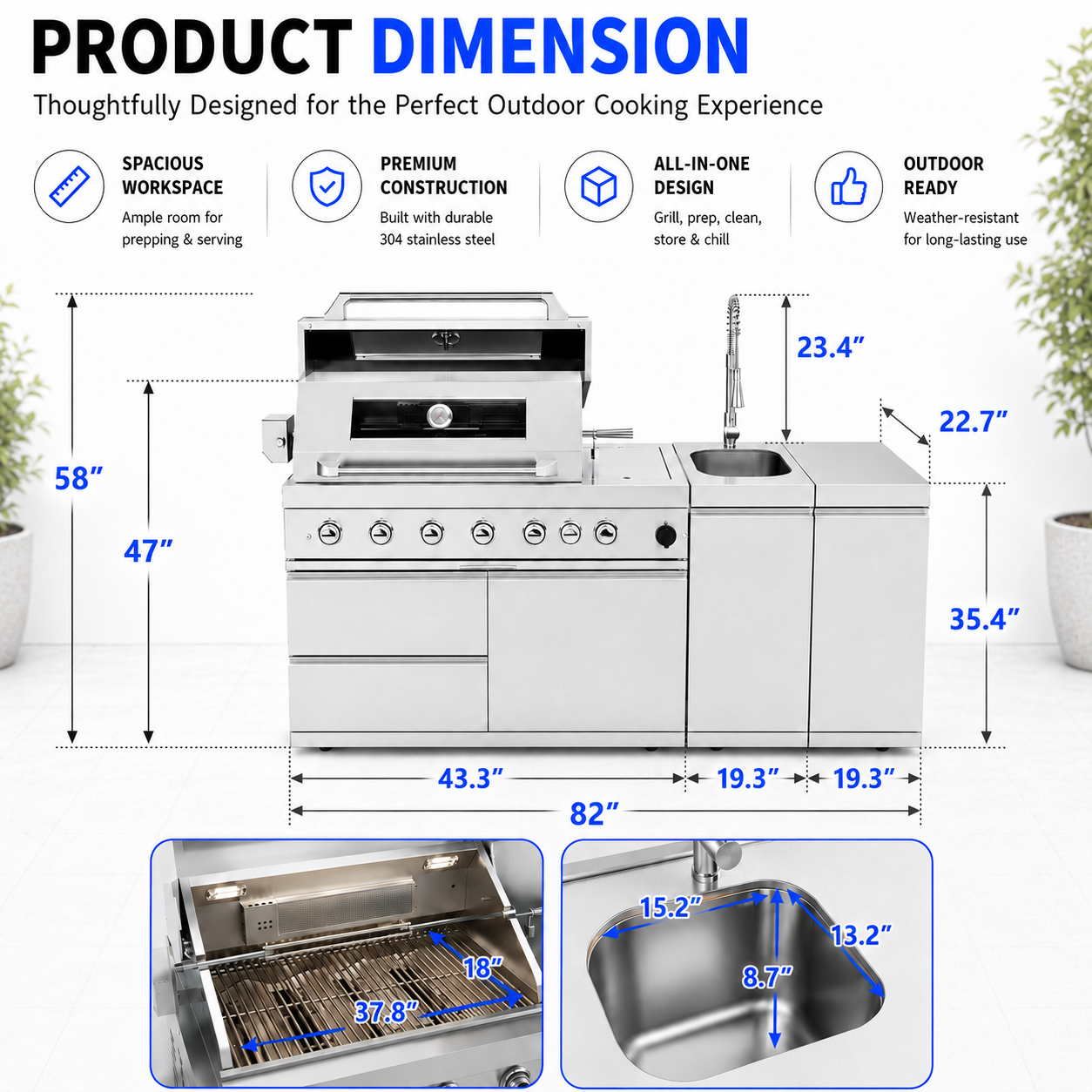 43-Inch 6-Burner 85000 BTU Deluxe Stainless Steel Gas Outdoor Kitchen Bar Barbecue Island Grill  + Rotisserie + Granite Countertops + Storage Cabinets & Drawers + Stainless Steel Sink/Faucet