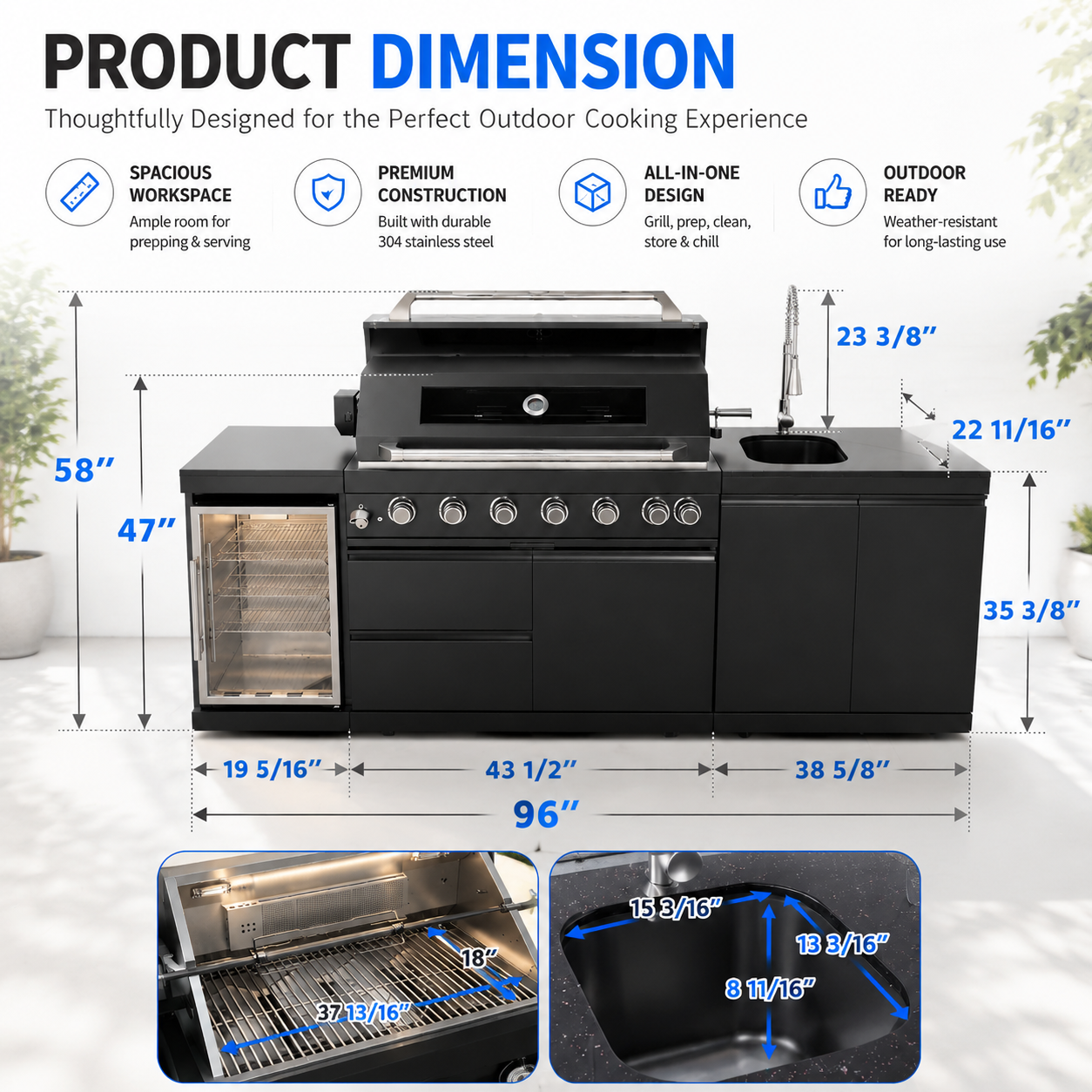 43-Inch 6-Burner 85000 BTU Deluxe Stainless Steel Gas Outdoor Kitchen Bar Barbecue Island Grill + Wine Cooler Compact Refrigerator + Rotisserie kit + Granite Countertops + Stainless steel Sink