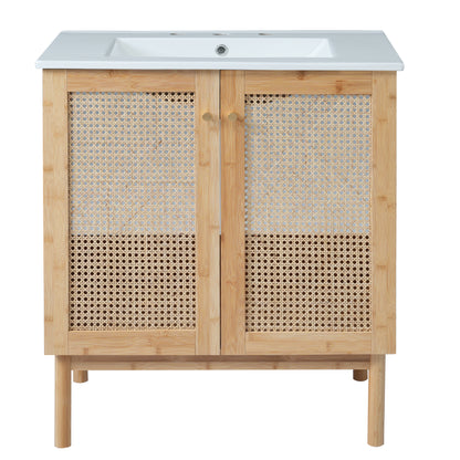 Exbrite 30-Inch Natural Wood Bathroom Vanity with Sink and Rattan Doors