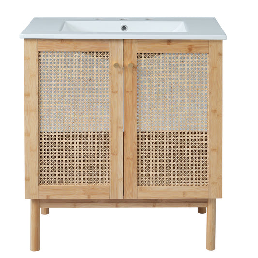 Exbrite 30-Inch Natural Wood Bathroom Vanity with Sink and Rattan Doors