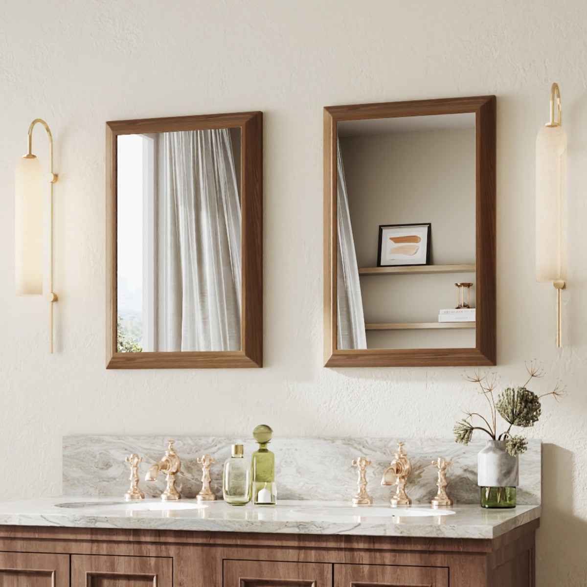 16" x 24" Modern, Elegant Rectangular Wall Mirror with Tempered Glass, Shatterproof, Rust-Resistant Dark Wood Grain Aluminum Frame for Bathroom, Living Room & Hallway| Nolhurst
