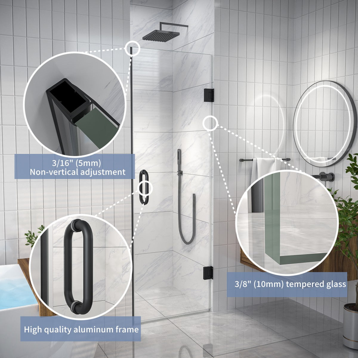 Valor Shower Door 24in.W x 72in.H Semi-Frameless Hinged Shower Door,Shower Room Glass Door with Clear Tempered Shower Glass Panel,Black