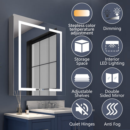 Boost-M2 30" W x 36" H Bathroom Light Medicine Cabinets Recessed or Surface Defogger, Dimmer, Outlets & USB