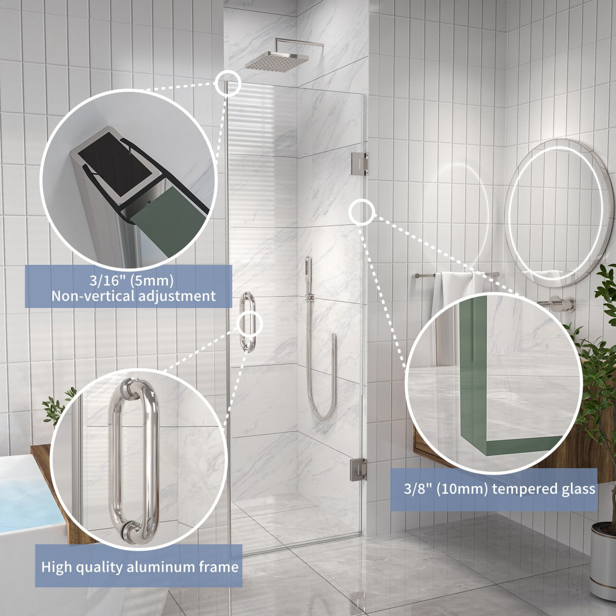 Valor Shower Door 24in.W x 72in.H Semi-Frameless Hinged Shower Door,Shower Room Glass Door with Clear Tempered Shower Glass Panel,Chrome
