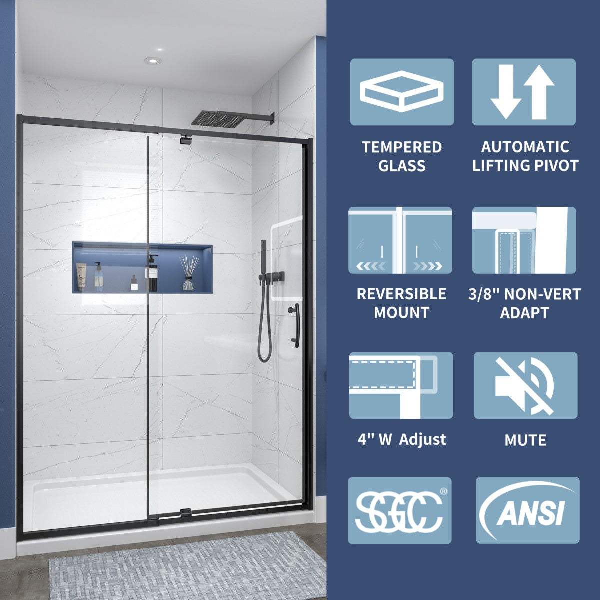 Flexi Showers 50-54" W x 71" H Glass Shower Doos Semi-Frameless,6mm Clear Tempered Glass Panel, Black Finish - ExBriteUSA