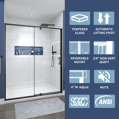 Flexi Showers 56-60" W x 71" H Glass Shower Doos Semi-Frameless,6mm Clear Tempered Glass Panel,Black Finish - ExBriteUSA