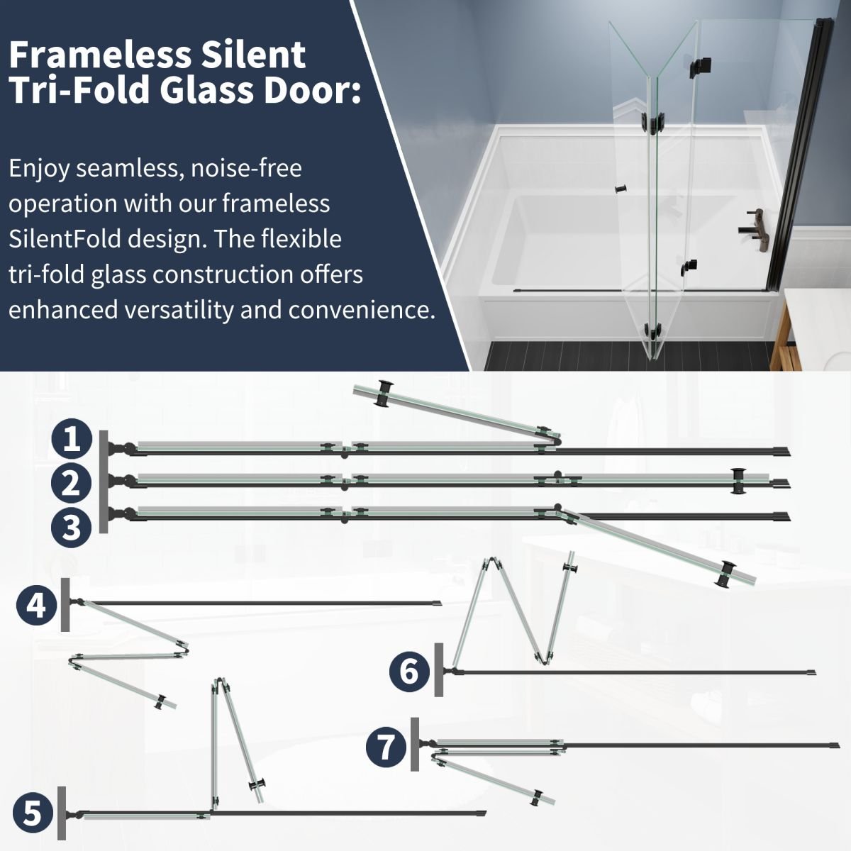 Adapt 48 - 48.3" W x 72" H Tri - fold Shower Doors Frameless Bifold Shower Door Screen,Tempered Coating Glass Panel,Chrome