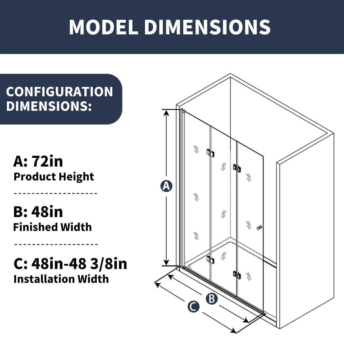 Adapt 48 - 48.3" W x 72" H Tri - fold Shower Doors Frameless Bifold Shower Door Screen,Tempered Coating Glass Panel,Chrome