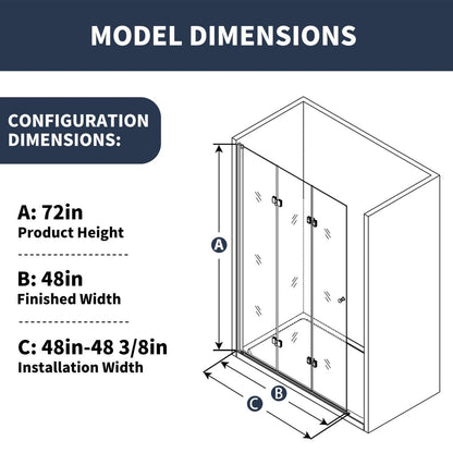 Adapt 48 - 48.3" W x 72" H Tri - fold Shower Doors Frameless Bifold Shower Door Screen,Tempered Coating Glass Panel,Chrome