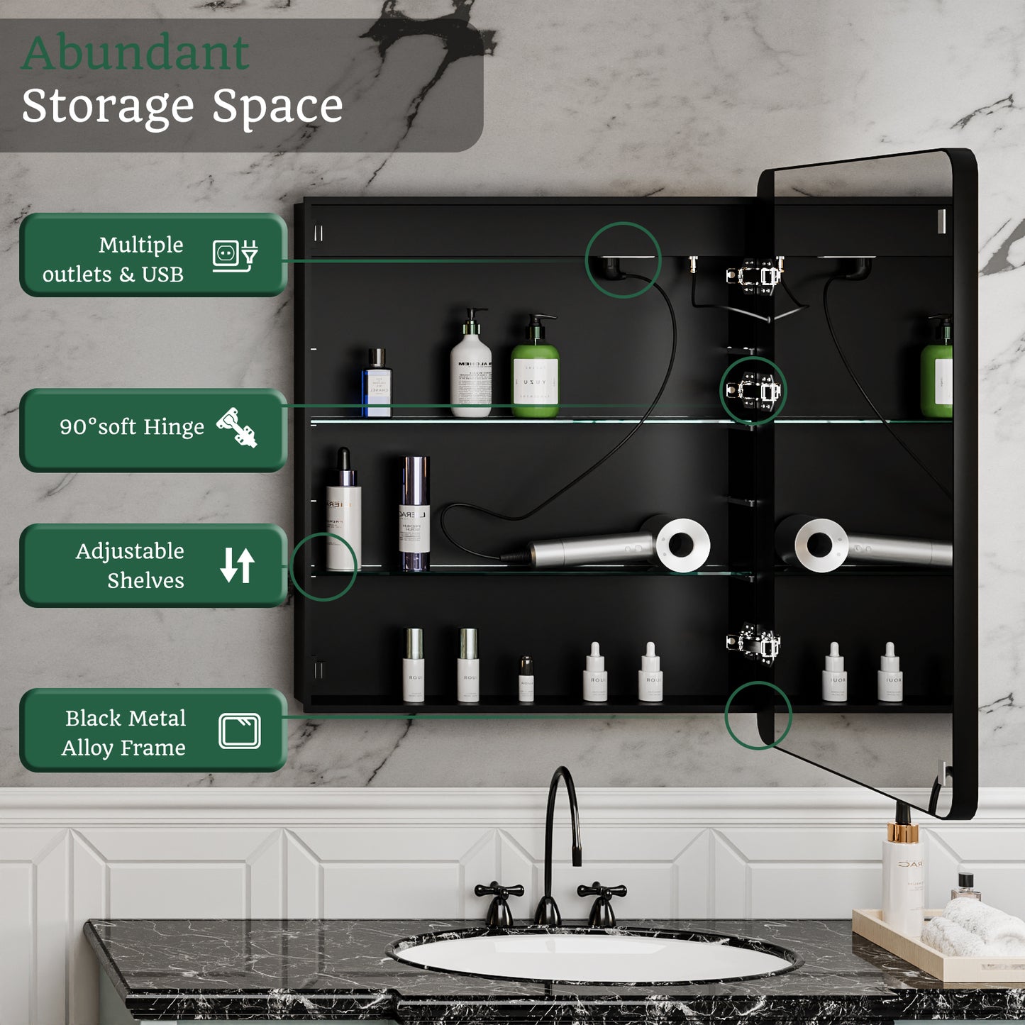 ExBrite 24" W x 30" H Light Medicine Cabinet Recessed or Surface Mount Adjustable Shelves Vanity Mirror Cabinet, Rounded Corner Door with Black Iron Frame, Hinge on the Right - ExBriteUSA