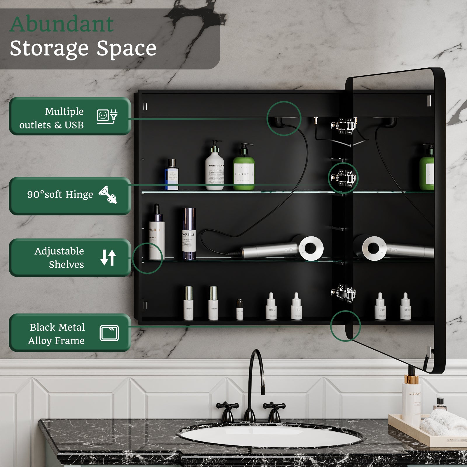 ExBrite 24" W x 30" H Light Medicine Cabinet Recessed or Surface Mount Adjustable Shelves Vanity Mirror Cabinet, Rounded Corner Door with Black Iron Frame, Hinge on the Right - ExBriteUSA