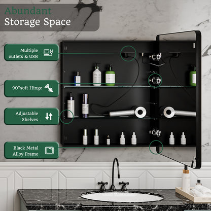 ExBrite 24" W x 30" H Light Medicine Cabinet Recessed or Surface Mount Adjustable Shelves Vanity Mirror Cabinet, Rounded Corner Door with Black Iron Frame, Hinge on the Right - ExBriteUSA