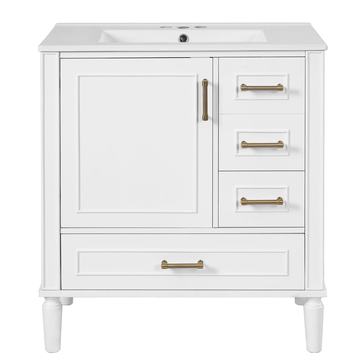 Exbrite 30-Inch White Bathroom Vanity with Ceramic Sink and Gold Hardware